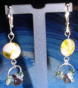 Yellow puff mother-of-pearl dangles with crystals, amethyst, tree agates